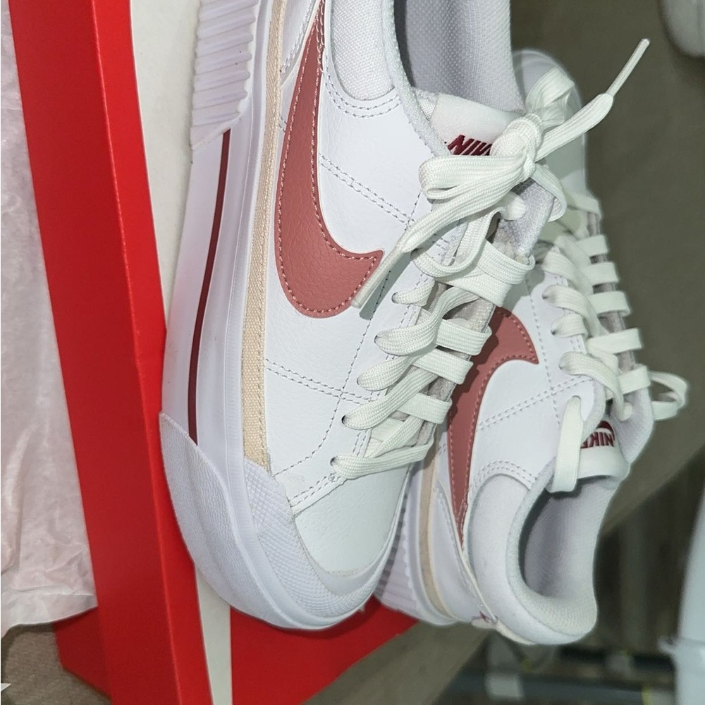 Nike Women's White and Pink Platform Court Legacy Sneakers